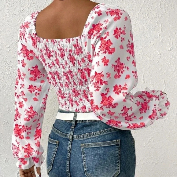 Casual Floral Patchwork Square Neck Ruffled Short Sleeve Bodysuit - Picture 5 of 6